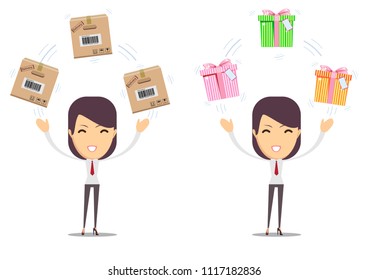 Beautiful young woman with different boxes. Stock vector illustration for poster, greeting card, website, ad, business presentation, advertisement design.
