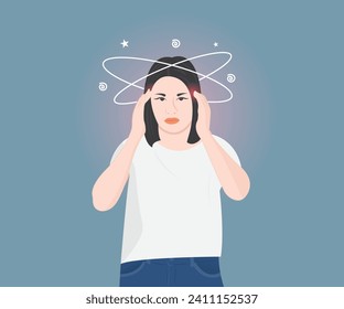 Beautiful young woman is dizzy or suffering from a headache.Vector illustration.