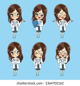 A beautiful young woman doctor expresses various gestures and emotions.