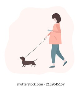 Beautiful young woman with a dog using her smartphone. Cartoon style. Vector illustration