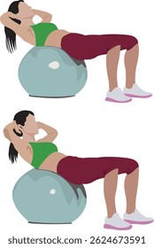 A beautiful young woman doing exercise with stability ball Crunch or Swiss ball on white background. Exercise ball flat vector illustration