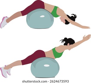 A beautiful young woman doing exercise with stability ball Crunch or Swiss ball on white background. Exercise ball flat vector illustration