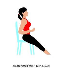 Beautiful young woman doing exercises with chair at home. A young girl exercising fitness training. Vector flat illustration.