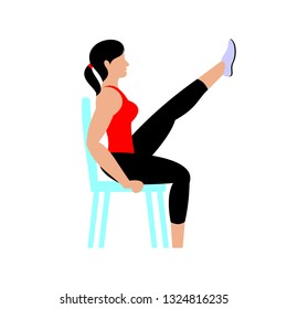 Beautiful young woman doing exercises with chair at home. A young girl exercising fitness training. Vector flat illustration.