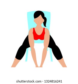 Beautiful young woman doing exercises with chair at home. A young girl exercising fitness training. Vector flat illustration.