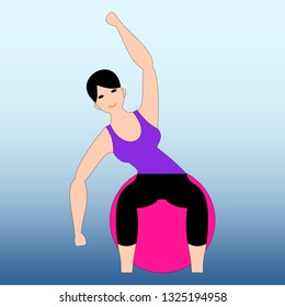 Beautiful young woman doing exercises with ball. Girl exercising fitness training. Vector flat illustration.