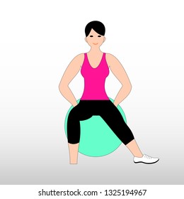 Beautiful young woman doing exercises with ball. Girl exercising fitness training. Vector flat illustration.