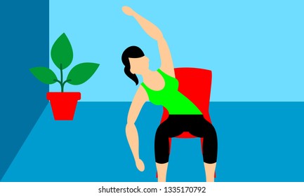 Beautiful young woman doing exercises in a fitness studio. Girl exercising fitness training. People vector illustration. 