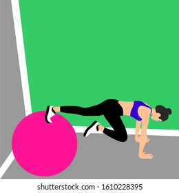 Beautiful young woman doing exercises on ball in a fitness studio. Girl exercising fitness training. People vector illustration. 