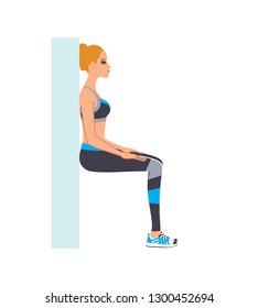 Beautiful young woman doing wall sit exercise. Vector illustration