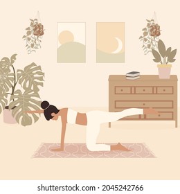 Beautiful young woman doing yoga  practice in her home  on a mat on the floor in a healthy daily life concept. Vector illustration, flat style.