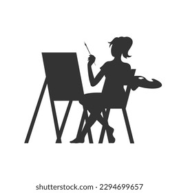 Beautiful young woman draws behind an easel. Black and white silhouette. Art brush in hand. Concept of a useful creative activity, hobby. Vector isolated cartoon illustration