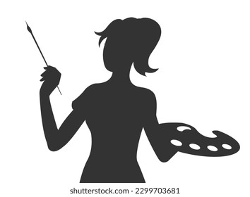 Beautiful young woman draws behind an easel. Black and white silhouette. Art brush in hand. Concept of a useful creative activity, hobby. Vector isolated cartoon illustration