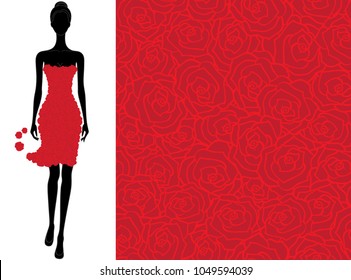 Beautiful young woman in dress of red roses. Fashion vector illustration and seamless vector background. EPS8.