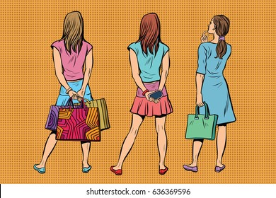 Beautiful young woman in a dress and the skirt is back. Viewers and audience. A set of human shapes silhouettes. Pop art retro vector illustration