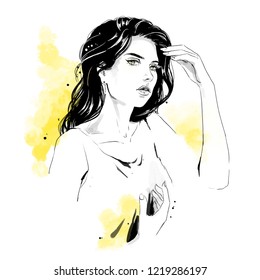 Beautiful young woman in dress with stylish hairdress. Lovely woman portrait. Sketch. Vector illustration with black contour and yellow background, isolated on white