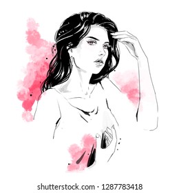 Beautiful young woman in dress with stylish hairdress. Lovely woman portrait. Sketch. Vector illustration with black contour and red background, isolated on white