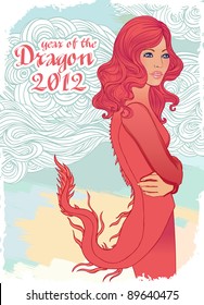 Beautiful young woman dressed as a dragon, symbol of New Year 2012, vector illustration