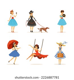 Beautiful Young Woman Dressed in Retro Style Clothes Engaged in Different Activity Vector Set