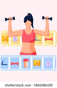 Beautiful young woman dressed in sportswear doing fitness with dumbbells, video tutorial with workout exercise. Healthy lifestyle, girl training, doing sports remotely from home flat vector