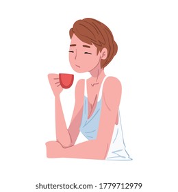 Beautiful Young Woman Drinking Tea or Coffee, Girl Enjoying Drinking of Hot Drink, People Activity Daily Routine Cartoon Style Vector Illustration on White Background