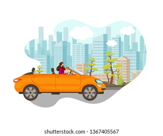 Beautiful Young Woman Driving Car in Big City. Stylish Girl Move along Road on Cityscape Background with Skyscrapers and Trees on Roadside. Urban Life. Speedway Cartoon Flat Vector Illustration. Icon