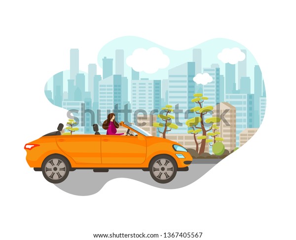 Beautiful Young Woman Driving Car in Big City.\
Stylish Girl Move along Road on Cityscape Background with\
Skyscrapers and Trees on Roadside. Urban Life. Speedway Cartoon\
Flat Vector Illustration.\
Icon