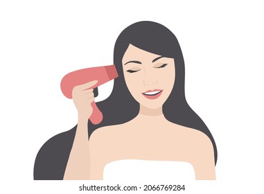 Beautiful young woman drying her hair with dryer vector illustration. Beauty routine concept