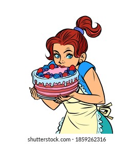 Beautiful young woman eating cake. Desserts and cakes. Comic cartoon vintage retro style