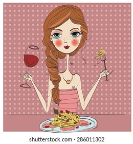 beautiful young woman eating pasta.