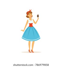 Beautiful young woman eating a sweet popsicle, girl dressed in retro style vector Illustration