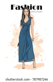 Beautiful young woman in elegant dress. Fashion model posing. Vector fashion illustration in the style of magazine cover design. Hand drawn sketch. Fashion woman.