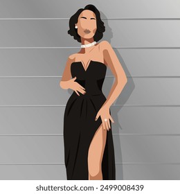 Beautiful young woman in an elegant long black dress with bare shoulders and a slit on the leg. Fashion illustration, flat vector. No artificial intelligence was used to create the illustration. 
