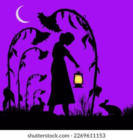 A beautiful young woman encounters and inquisitive rabbit in her garden of sunflowers. The woman carries a lantern to illuminate the dark dusk evening. This is a  vector.