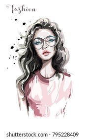 Beautiful Young Woman In Eyeglasses. Fashion Woman. Stylish Girl With Long Hair. Sketch.