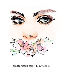 Beautiful young woman eyes makeup with abstract flowers vector drawing sketch. Fashion portrait illustration.