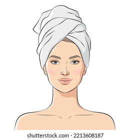 Beautiful young woman face with bath towel on her head, vector illustration