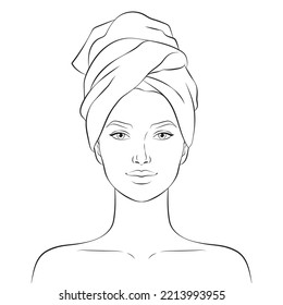 Beautiful young woman face with bath towel on her head, vector illustration