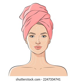 Beautiful young woman face with bath towel on her head. Face massage lines. Facial massage instructions, vector illustration