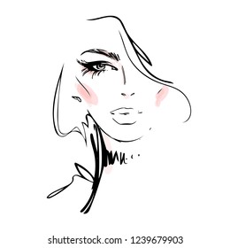 Beautiful young woman face black and white vector drawing sketch. Abstract girl model portrait fashion illustration for modern print design.