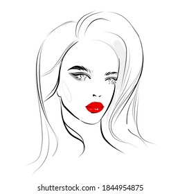 Beautiful young woman face black and white vector drawing sketch. Abstract girl model with red lips makeup portrait fashion illustration for modern print design.