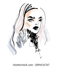 Beautiful young woman face black and white vector drawing sketch. Fashion girl portrait illustration on white background.