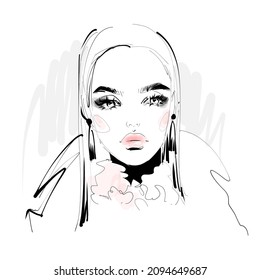 Beautiful young woman face black and white vector drawing sketch. Fashion girl portrait illustration on white background.