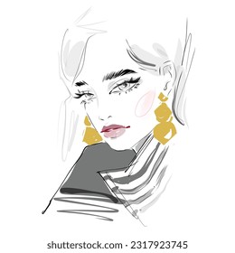 Beautiful young woman face black and white vector drawing sketch. Abstract girl model portrait fashion illustration for modern print design.