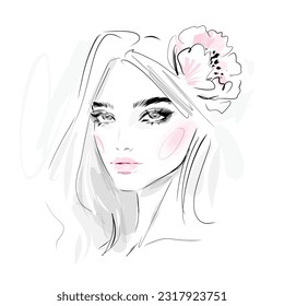 Hermosa joven mujer enfrenta un bosquejo vectorial en blanco y negro. Resumen de modelo de chica retrato ilustración de moda para diseño de impresión moderno.