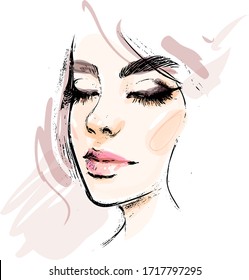 Hermosa mujer joven cara con los ojos cerrados maquillando dibujo vectorial. Ilustración de retrato de moda.