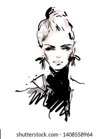Beautiful young woman face fashion illustration. Black and white drawing sketch.