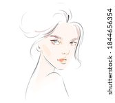 Beautiful young woman face makeup drawing sketch. Fashion girl portrait illustration on white background.