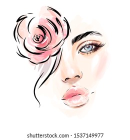 Beautiful young woman face makeup with red rose flower vector fashion illustration.