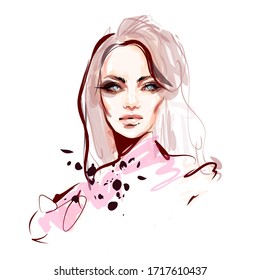 Beautiful young woman face makeup vector drawing sketch. Fashion portrait illustration.